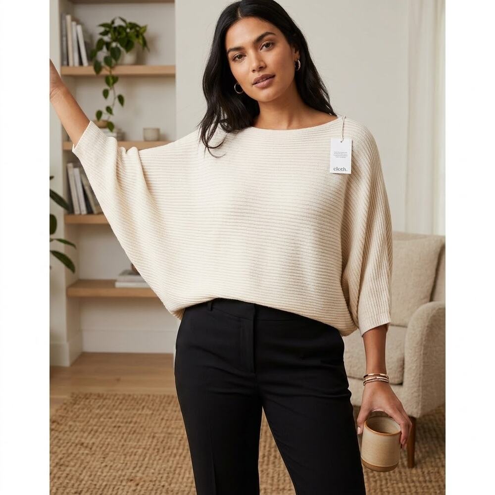 Cloth by Ed Nordstrom Rack Cream Rib Knit Poncho Sweater Casual Comfort Medium
